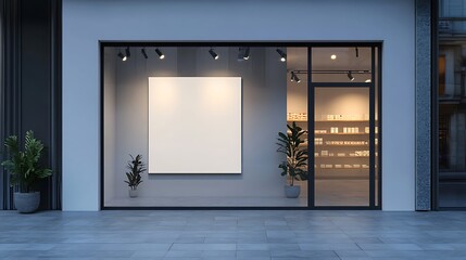 Evening Shopfront with Blank Sign: 3D Render of Retail Display. AI Generated