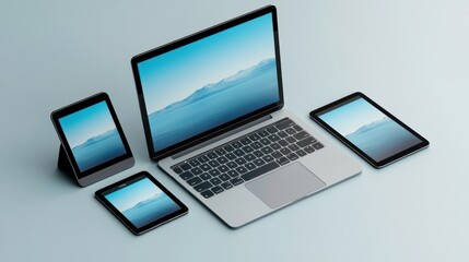 Modern Devices: Laptop, Tablets Displaying Serene Landscape