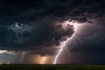 dramatic and powerful tornado. Lightning thunderstorm flash over the night sky. Concept on topic weather, cataclysms (hurricane, Typhoon, tornado, storm). Generative AI