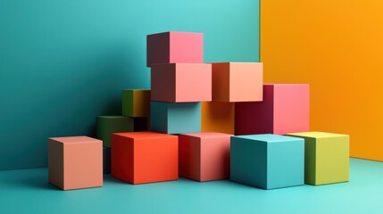 Obraz premium Colorful Cubes Abstract Composition: A vibrant display of geometric shapes against a teal and orange backdrop, showcasing a modern and artistic arrangement.