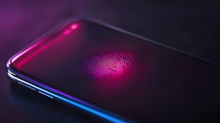 Fingerprint icon on mobile phone, neon glow effect.
