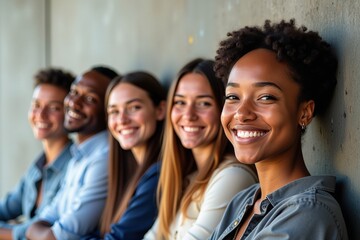 Diverse Group of Young Adults Smiling Together in a Bright Room, Perfect for Promoting Unity, Teamwork, and Happiness in Marketing Campaigns