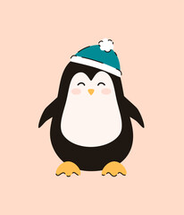 Cute penguin in a hat. Flat vector illustration.