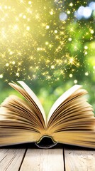 Open Book with Magical Golden Lights and Green Background.