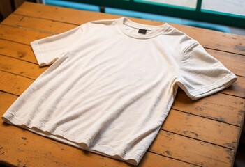 A white t-shirt lies on a wooden table, with a green window in the background.