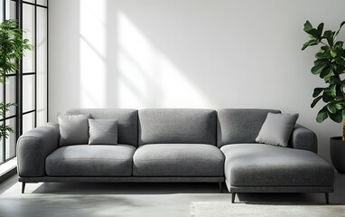 Modern gray sectional sofa in minimalist living room with large window and plant.