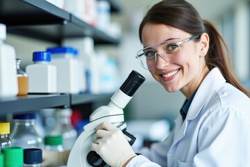 Smiling female scientist in white lab coat using microscope in modern laboratory setting, perfect for science education and research promotion materials.