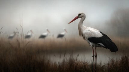 Fototapeta premium A serene white stork stands gracefully in a foggy wetland, surrounded by blurred silhouettes of other storks in the background.