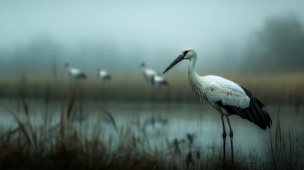 Obraz premium A solitary stork stands gracefully in a misty wetland, surrounded by blurred silhouettes of other storks.