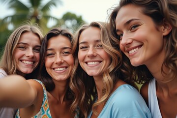 Fototapeta premium Four Happy Women Smiling Together in a Tropical Setting, Perfect for Social Media Marketing or Advertising Campaigns