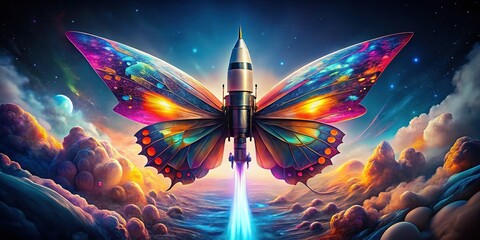 Butterfly Rocket Double Exposure, Futuristic, Abstract, Psychedelic