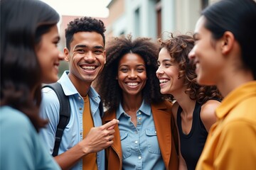 Obraz premium Happy Multiracial Group of Young Friends Laughing Together Outdoors, Perfect for Diversity and Inclusion Campaigns