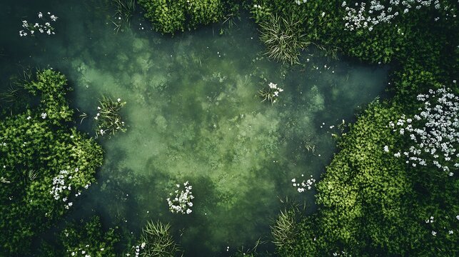 Aerial View of a Lush, Green Pond Ecosystem. AI Generated