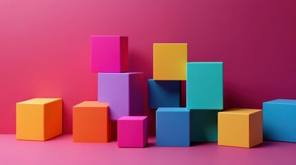 Obraz premium Abstract Colorful Blocks Composition: A vibrant 3D render of colorful cubes arranged against a pink backdrop, showcasing diverse shapes and colors.