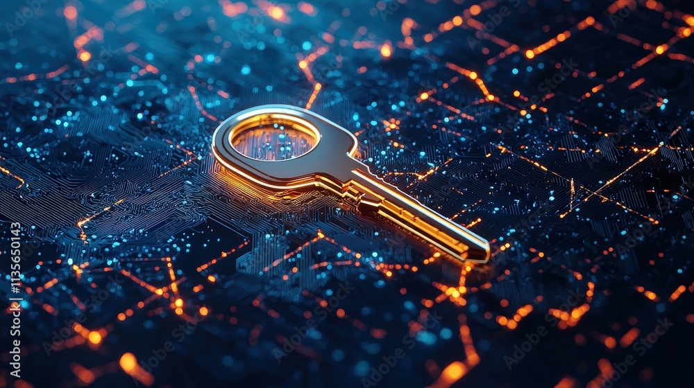 Poster abstract key hovering above a digital network map