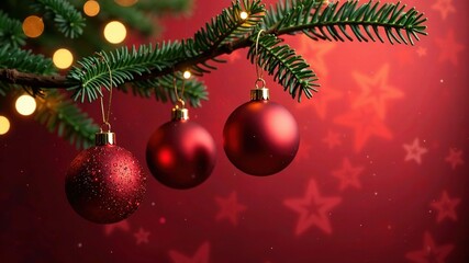 Obraz premium Christmas Ornaments Red Background AI Art, Festive Hanging Decor, Holiday Season Visuals