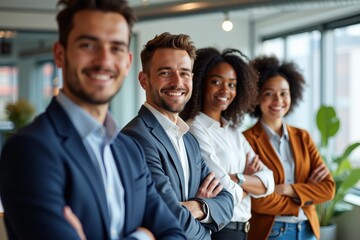 Obraz premium Professional Team Smiling Together in Modern Office Setting, Perfect for Business Marketing or Company Website