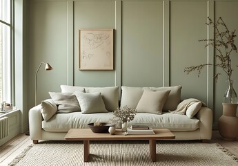 Calm living room interior with beige sofa, wooden coffee table, and sage green walls.