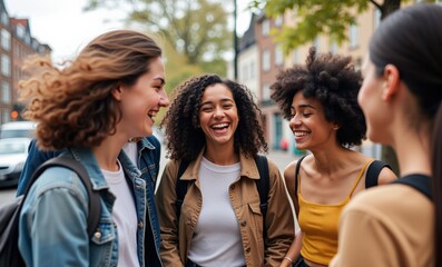Fototapeta premium Four Young Women Laughing Together on a City Street, Perfect for Social Media Campaigns, Advertisements, and Promoting Friendship and Diversity