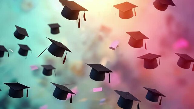 Graduates tossing their caps in a sea of soft colors and hazy shapes.
