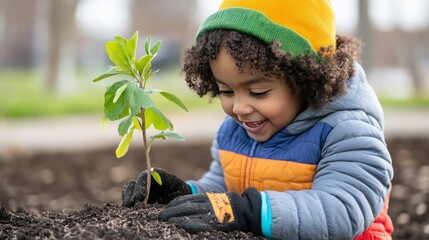 A child planting a tree in a community park, symbolizing environmental stewardship, future generations, and the importance of nature conservation for a sustainable world.