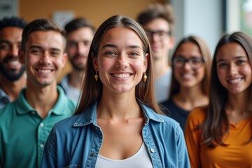 Fototapeta premium Happy Young Professionals Smiling Together in Office Setting, Perfect for Team Building and Business Promotion Materials