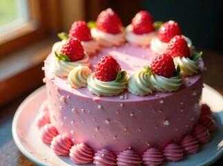 Delicious frosted cake, vibrant colors,  artistic lighting,  3D rendering,  sweet dessert,  festive scene