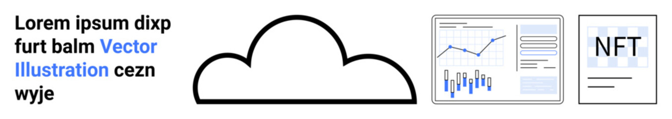 Cloud with a bar graph and line chart representing data analysis next to an NFT icon and text. Ideal for cloud technology, data visualization, NFT trends, digital currency, tech innovation, modern