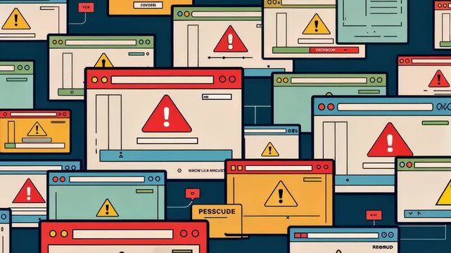 Overwhelmed by Alerts A computer screen cluttered with a labyrinth of error notification windows varying in size and color. Some popups feature exclamation marks and red triangles