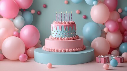Pastel Birthday Cake with Candles and Balloons