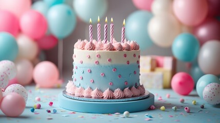 Pastel Birthday Cake with Candles and Balloons
