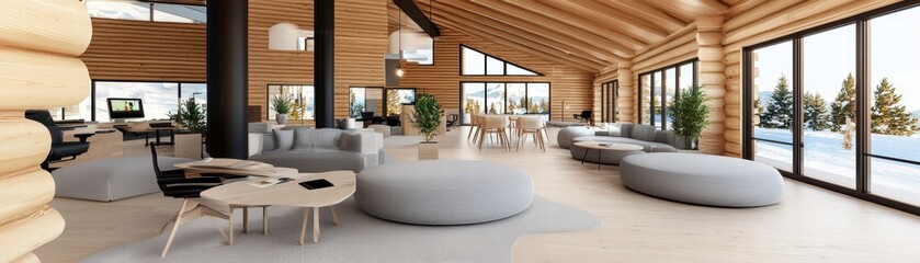 Fototapeta premium Modern Log Cabin Living Room with Mountain View.