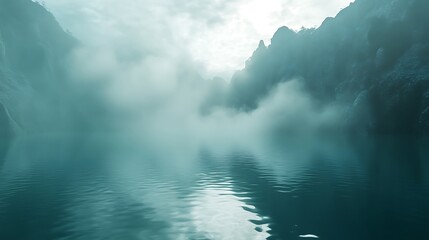 Fototapeta premium Misty Mountain Lake at Dawn: A 3D Render. AI Generated