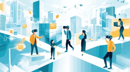 Obraz premium A group of people are walking across a bridge in a city