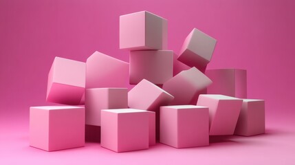 Fototapeta premium Pink Cube Abstract Composition: A Minimalist 3D Render of Interlocking Pink Cubes Against a Matching Background