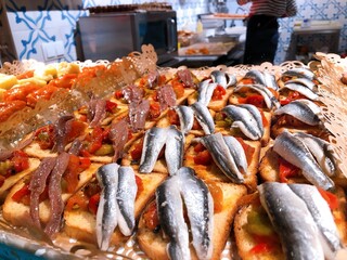 [Spain] Colorful pinchos lined up in the San Miguel market (Madrid)
