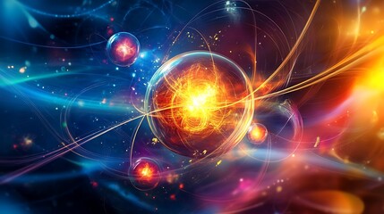 Obraz premium Vibrant Digital Painting of Atomic Fusion: Energy and Motion in a Quantum Realm. AI Generated