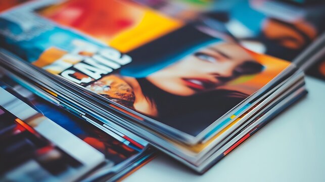 Stacked colorful magazines, portrait, and articles are on a white surface.