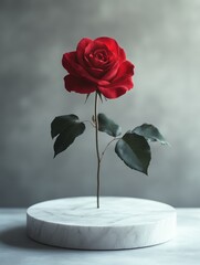 red rose on a white podium