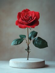 red rose on a white podium