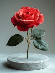 red rose on a white podium
