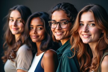 Fototapeta premium Diverse Group of Young Women Smiling Together Perfect for Teamwork, Friendship, and Diversity Concepts in Marketing and Social Media Campaigns