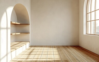 Minimalist room interior with arched niche shelves, wooden floor, and sunlight.