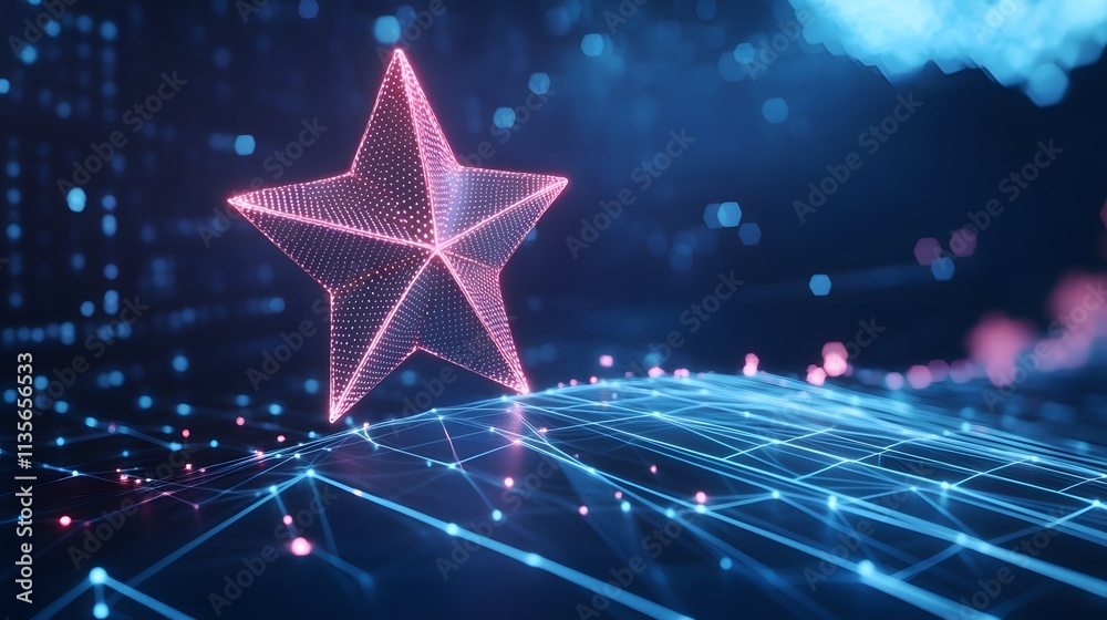 Poster a geometric star symbol hovering over a smooth upward graph with glowing accents, in a modern futuri