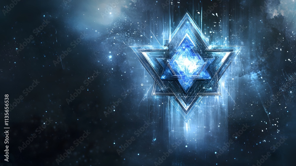 Poster a geometric star symbol hovering over a smooth upward graph with glowing accents, in a modern futuri
