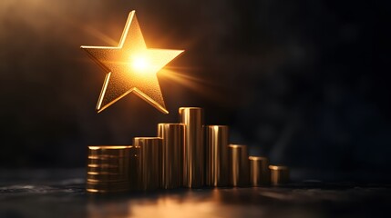 A glossy gold star radiating light above a set of stacked bars rising upward, showcasing professional growth