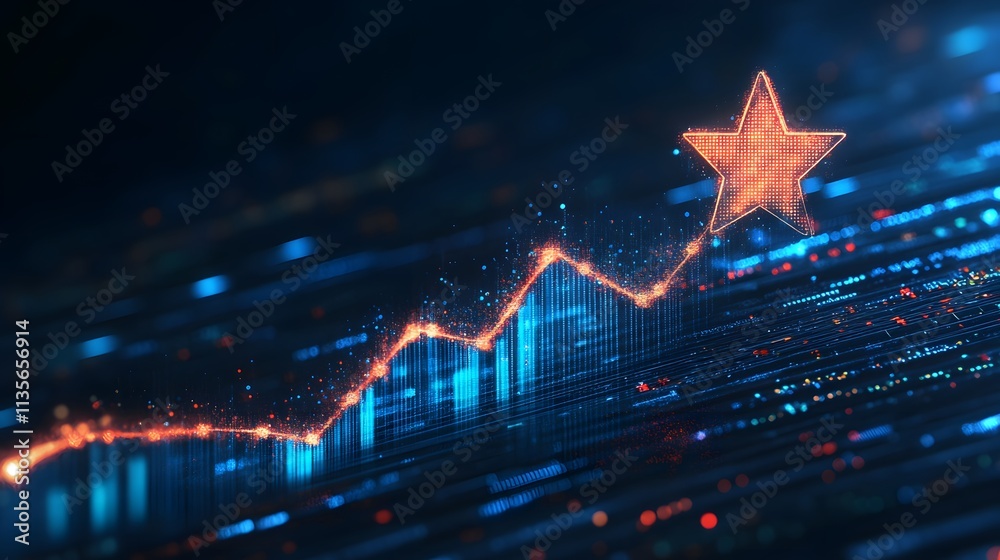 Aufkleber A glowing gradient star aligned perfectly over a curved arrow chart with subtle light reflections, representing progress