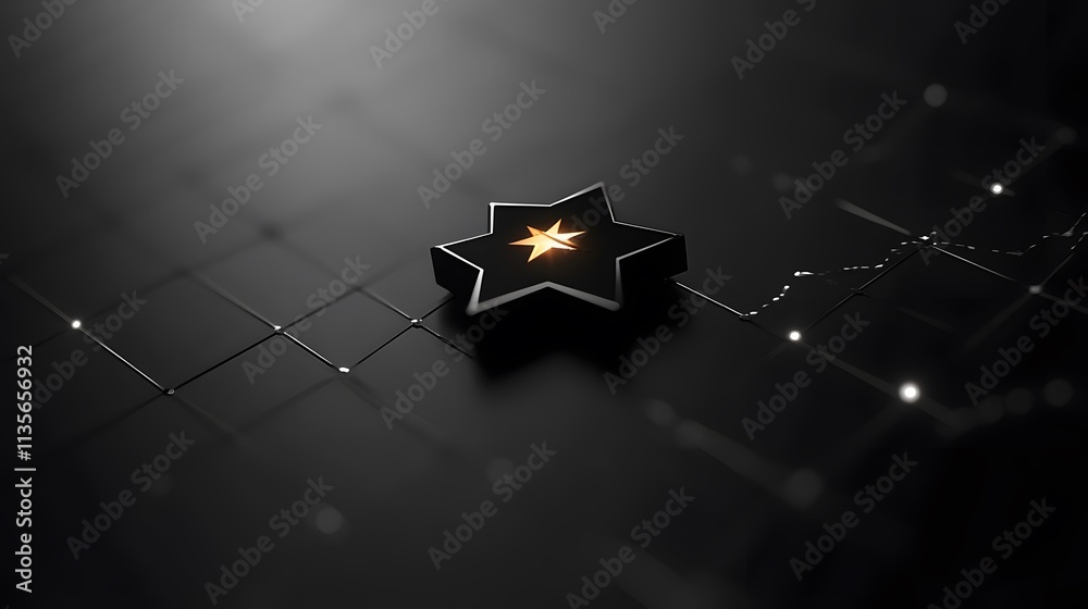 Poster a glossy black star icon glowing faintly above a monochrome line graph with clean upward curves