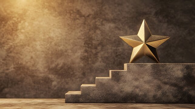 A geometric gold star positioned over a set of layered upward bars in neutral tones, emphasizing balance and achievement