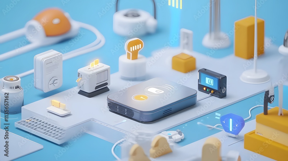 Poster A professional displaying a smart IoT platform with fluid 3D workflow visuals and clean 2D task highlights